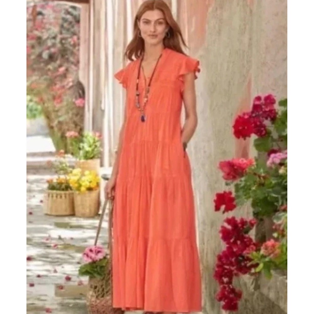 Sundance June Ruffle Tiered Maxi Dress M Peachy Pink Boho Flutter Sleeve Flowy